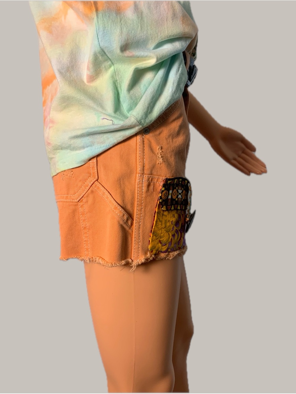 Boho Tan Patch Pocket Jean Shorts with Decorative Trim - Picture 7 of 12